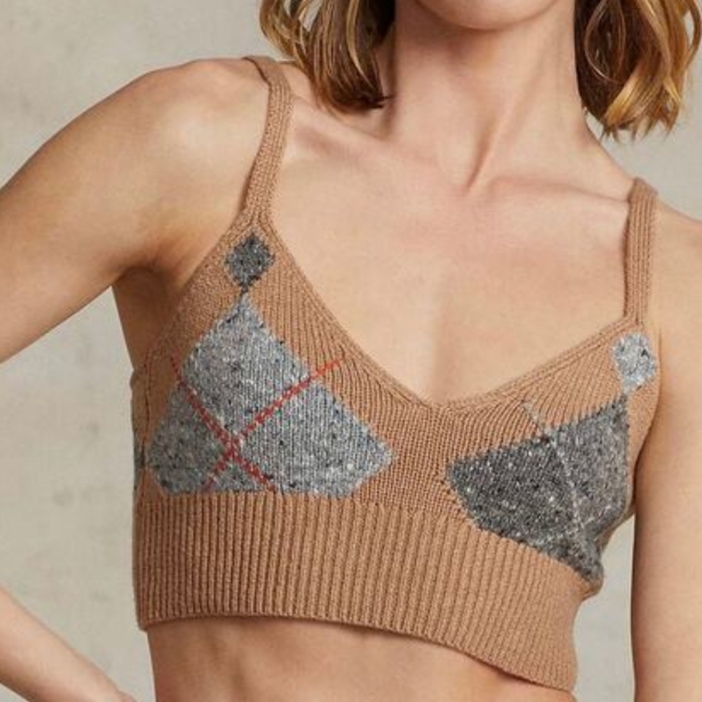 POLO RALPH LAUREN Argyle Knit Cashmere Wool Crop Ekose Camel Brown Top - Picture 2 of 11